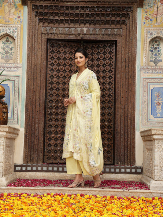 Lemon Yellow Heritage Print Cotton Suit Set with Dupatta