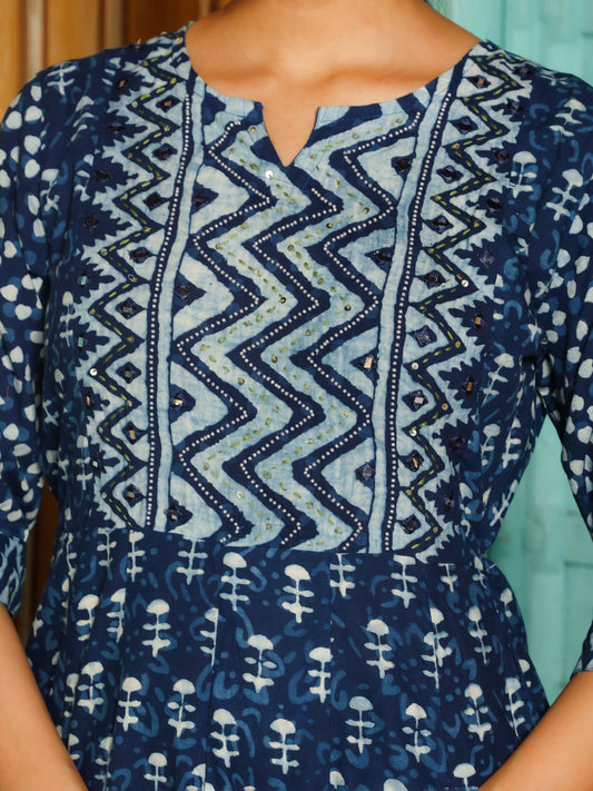 Deep Indigo Blue Geometric Print Cotton Anarkali Set  Export to Sheets