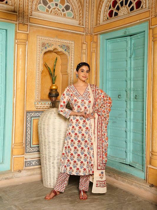 Off-White & Red Block Print Cotton Kurta Set with Dupatta  Export to Sheets