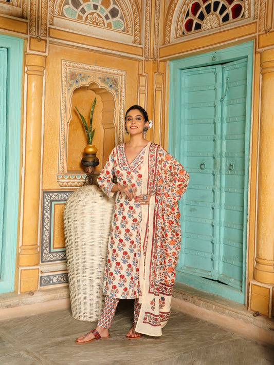 Off-White & Red Block Print Cotton Kurta Set with Dupatta  Export to Sheets