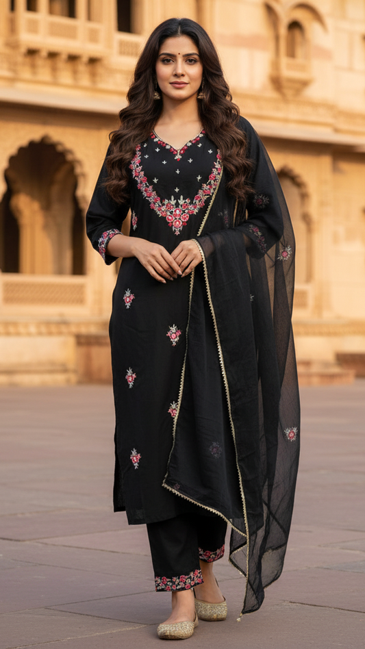 Sophisticated Black Embroidered Kurta Set with Multi-Color Thread Work and Sheer Dupatta