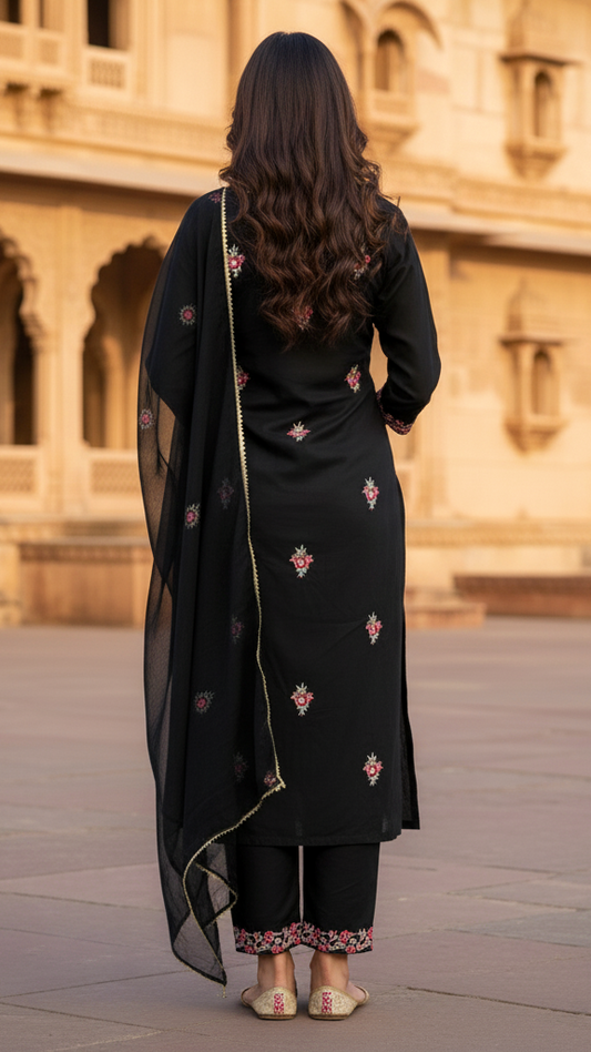 Sophisticated Black Embroidered Kurta Set with Multi-Color Thread Work and Sheer Dupatta
