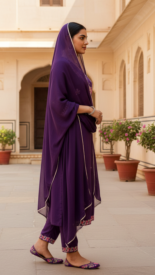 Regal Deep Purple Georgette Anarkali-Style Kurta Set with Heavy Multi-Color Thread Embroidery