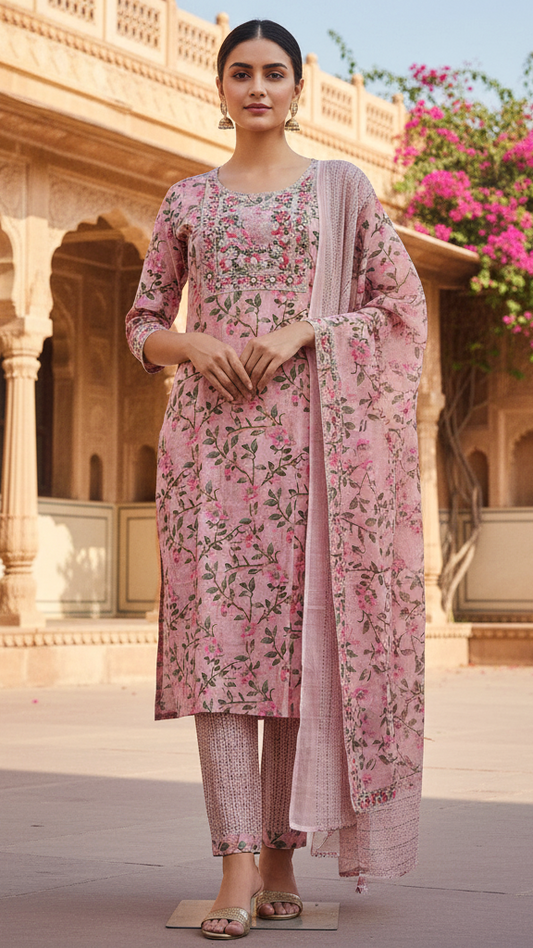 Dusty Pink Floral Printed Kurta Set with Mirror Work Embroidered Yoke and Dupatta