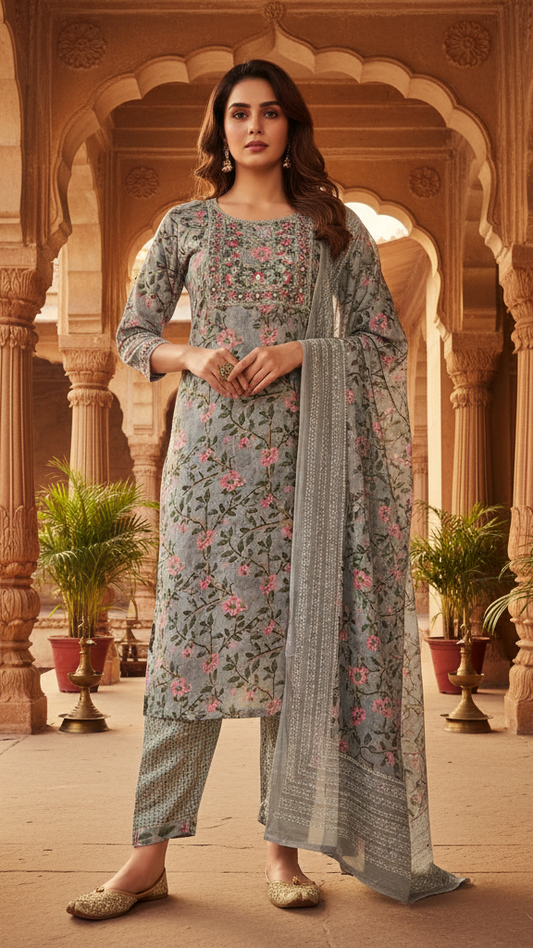 Sage Grey Floral Printed Cotton Suit Set with Thread Work and Embellished Border Dupatta