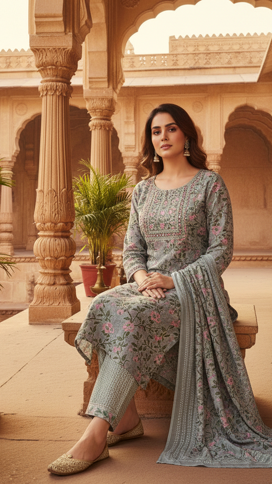 Sage Grey Floral Printed Cotton Suit Set with Thread Work and Embellished Border Dupatta