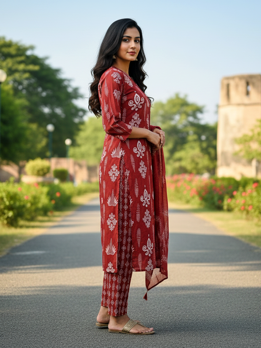 Rich Maroon Red Block Print Cotton Suit Set with All-Over Motif Print and Matching Dupatta