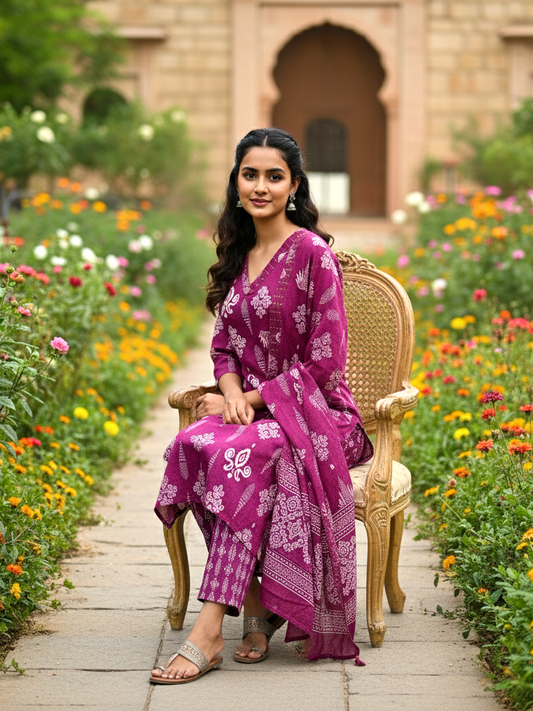 Vibrant Fuchsia Pink Block Print Kurta Set with Traditional Motif Pattern and Dupatta