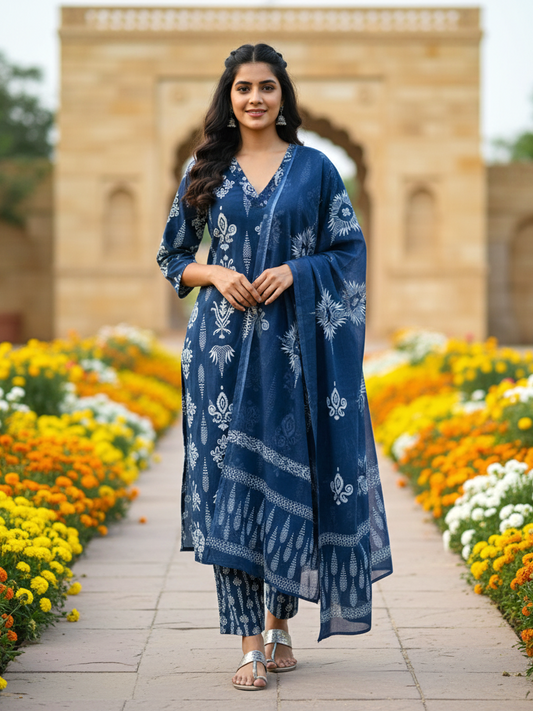 Classic Indigo Blue & White Block Print Cotton Kurta Set with V-Neck and Tassel Dupatta