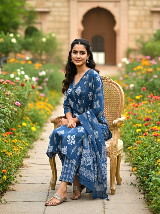 Classic Indigo Blue & White Block Print Cotton Kurta Set with V-Neck and Tassel Dupatta