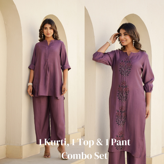 Elegant Purple Embroidered Co-Ord Set – Timeless & Sophisticated Three-Piece Combo Set