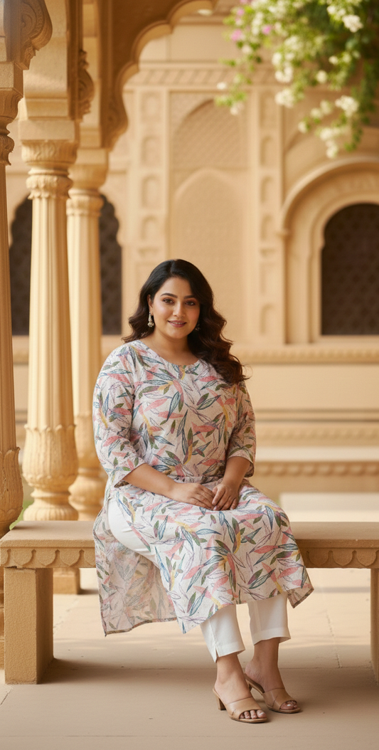 Radiant Rose Cotton Kurti | Elegant Ivory Floral "Leaf" Print