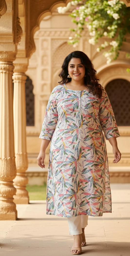 Radiant Rose Cotton Kurti | Elegant Ivory Floral "Leaf" Print