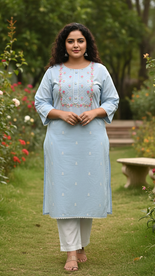 Blossom Blue Cotton Kurti | Intricate Floral Embroidery