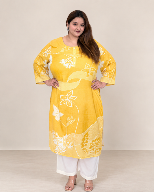 Yellow Botanical Print Plus Size Kurta
