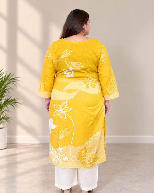Yellow Botanical Print Plus Size Kurta