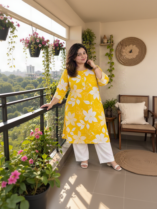 Yellow & White Floral Print Straight Kurta with Button Placket