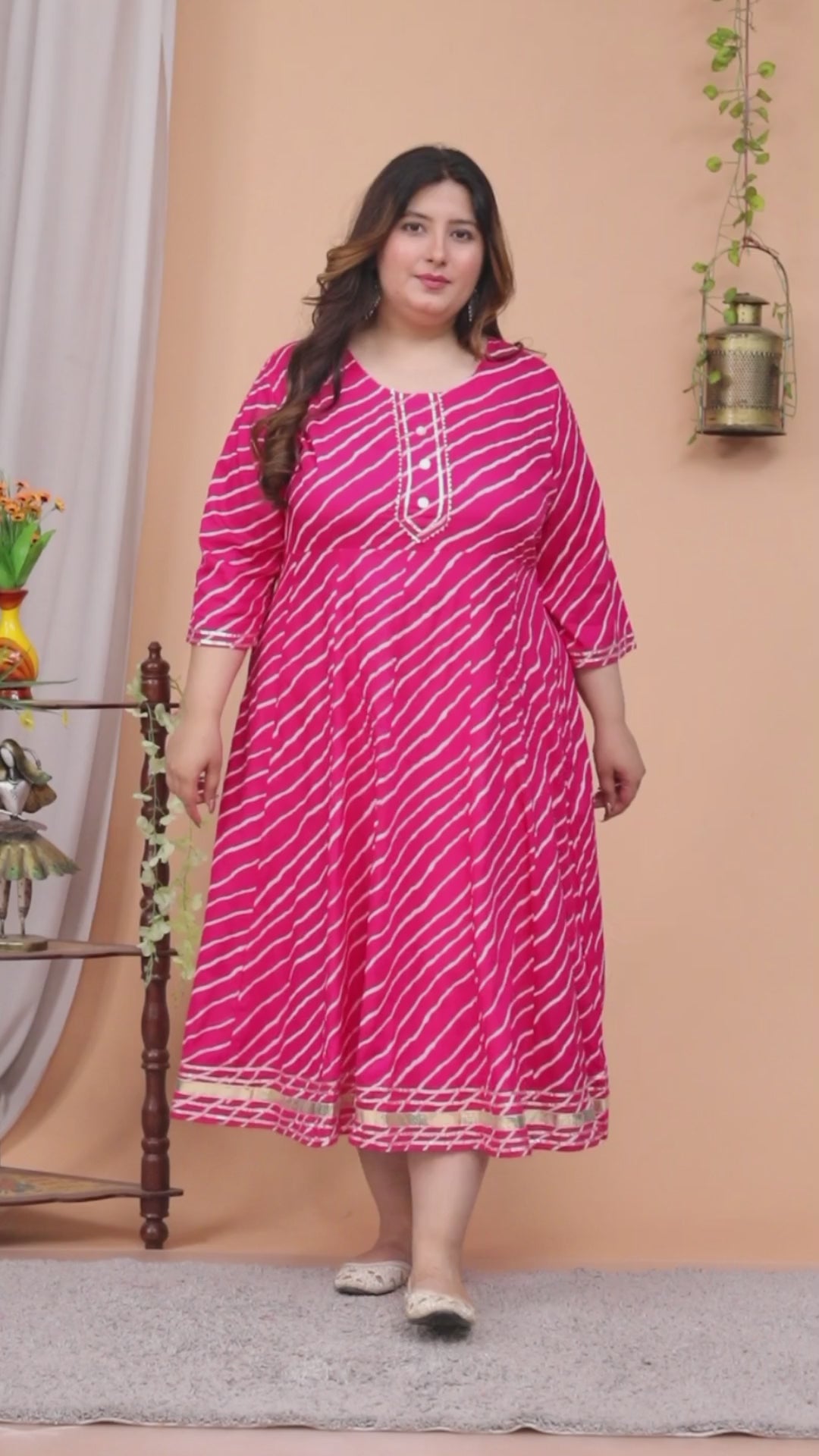 Plus Size Pink Cotton Blend Lahariya Print Gown (B29-Pink)