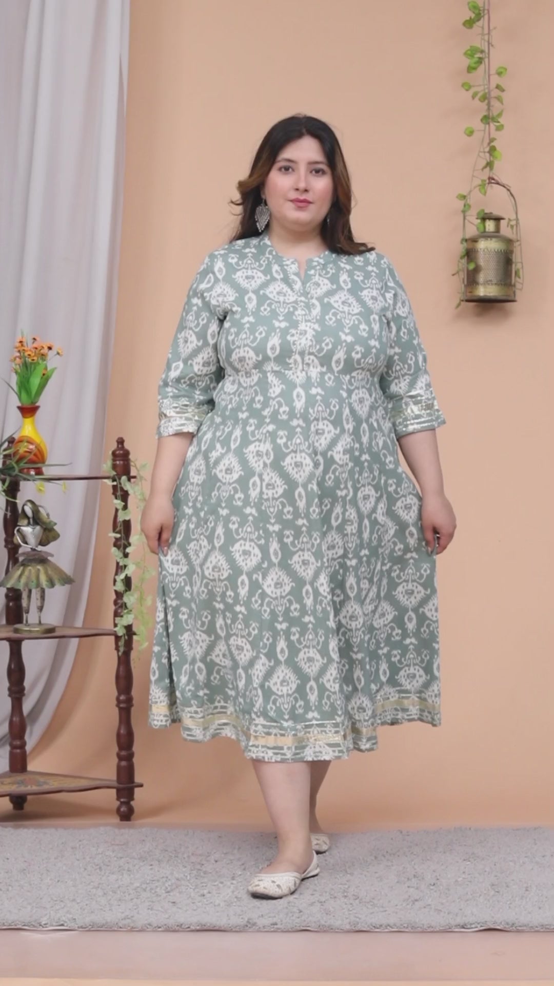 Plus Size Grey Cotton Blend Printed Gown (B30-Grey)