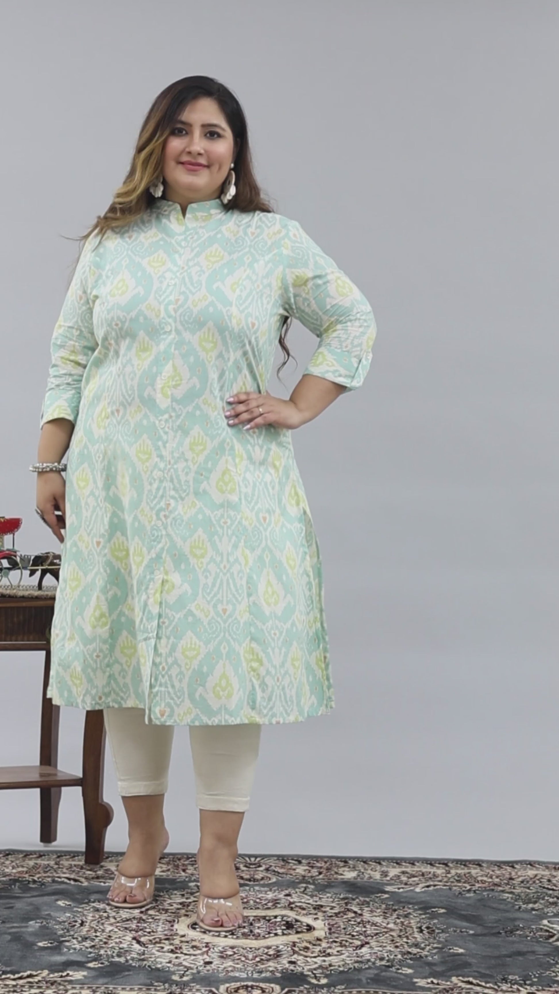 Women Printed Cotton A-line Kurta (B07-Green)