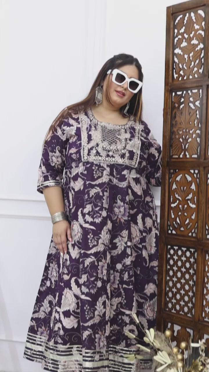 Plus Size Brown Cotton Floral Print Embroidered Long Kurta (B18-Brown)