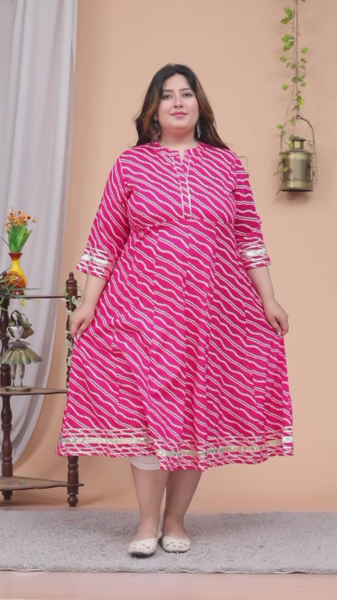 Plus Size Pink Cotton Blend Lahariya Print Gown (B28-Pink)