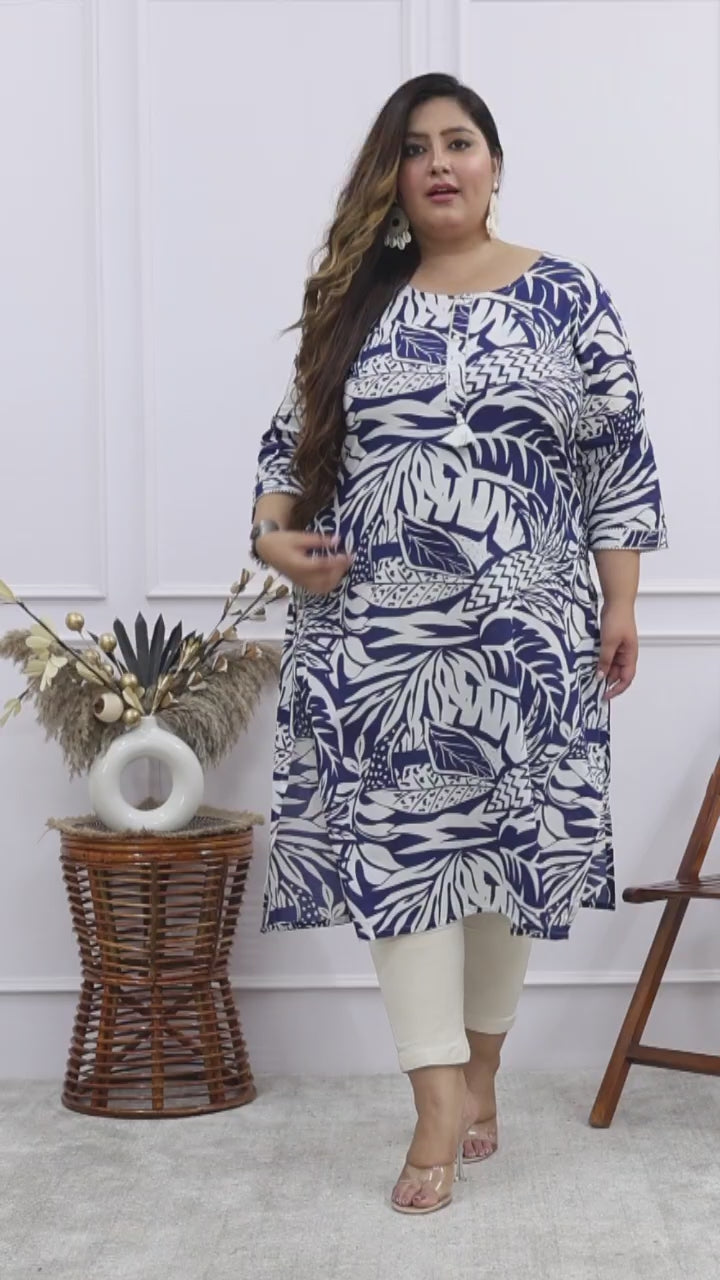 Women Printed Cotton Straight Kurta (B01-Blue)